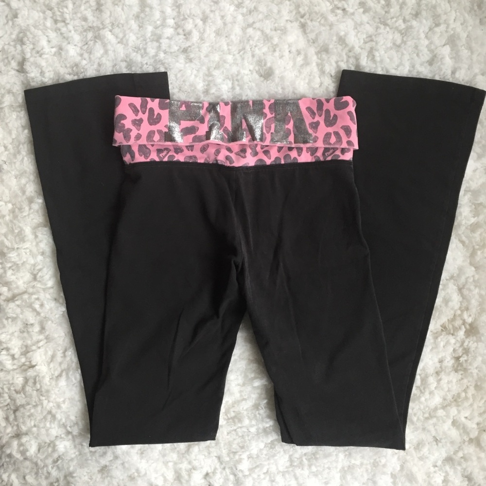 PINK Black Yoga Pants Pink Foldover Waistband